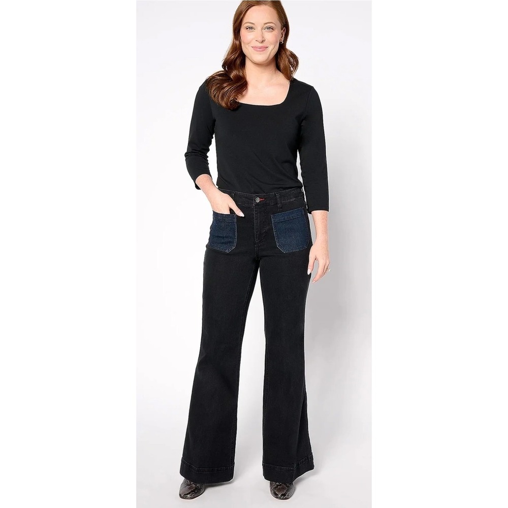 Peace Love World Boheme Patch Pocket Wide Flare Jeans Size‎ 4 Miami Nights Black